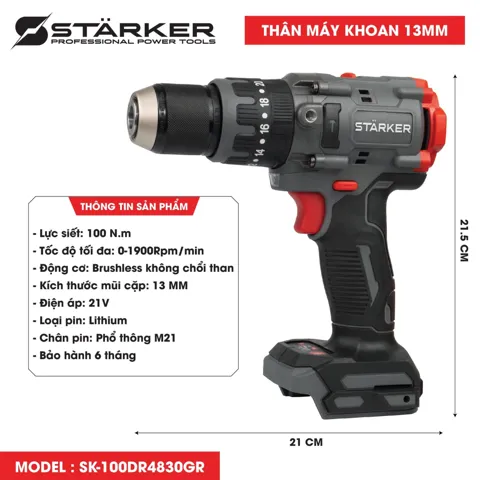 Máy Khoan Pin 21V Brushless, Mũi 13mm, Lực Siết 100N·m, Màu Xám Đỏ - ảnh 4