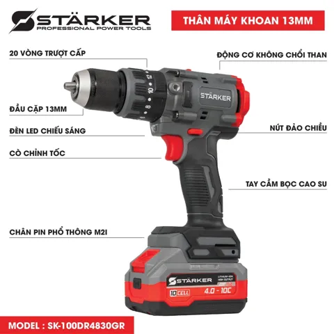 Máy Khoan Pin 21V Brushless, Mũi 13mm, Lực Siết 100N·m, Màu Xám Đỏ - ảnh 3