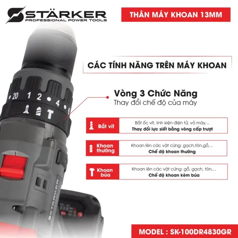 Máy Khoan Pin 21V Brushless, Mũi 13mm, Lực Siết 100N·m, Màu Xám Đỏ - ảnh 10