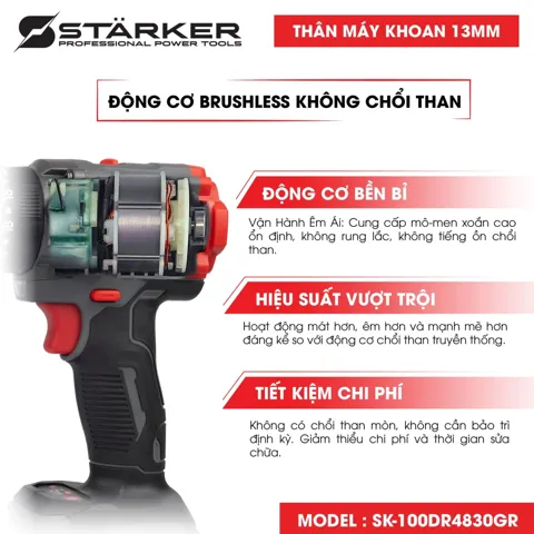 Máy Khoan Pin 21V Brushless, Mũi 13mm, Lực Siết 100N·m, Màu Xám Đỏ - ảnh 6