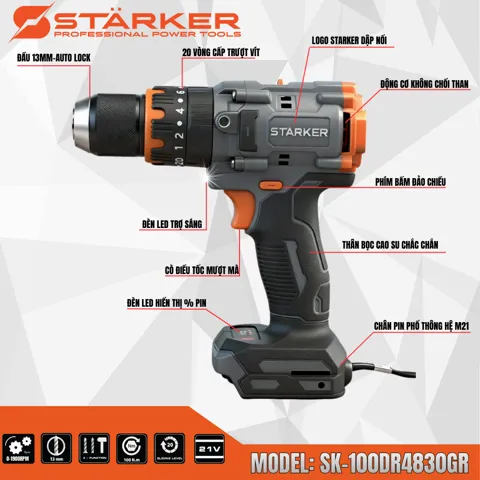 Máy Khoan Pin 21V Brushless, Mũi 13mm, Lực Siết 100N·m - ảnh 5