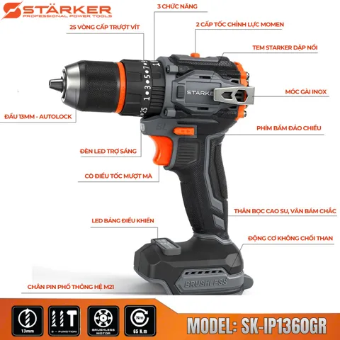 Máy Khoan Pin 21V Brushless, Mũi 13mm, Có Búa, Màu Cam - ảnh 3