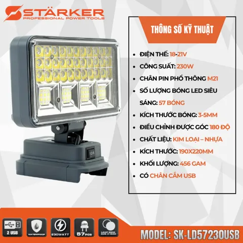 Đèn LED Cầm Tay Pin 21V, 16-57 Bóng Siêu Sáng, Công Suất 48W-230W, Xoay 180°, Chân Pin M21, Có Cổng USB - ảnh 3