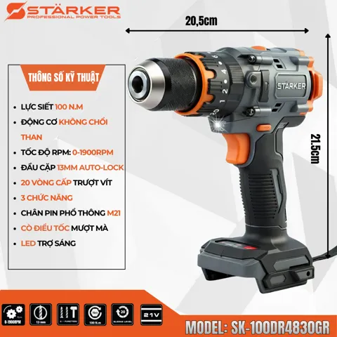 Máy Khoan Pin 21V Brushless, Mũi 13mm, Lực Siết 100N·m - ảnh 3