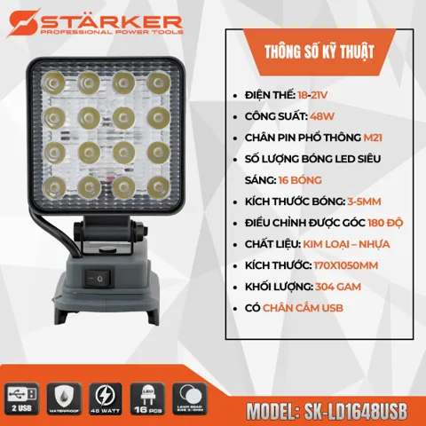 Đèn LED Cầm Tay Pin 21V, 16-57 Bóng Siêu Sáng, Công Suất 48W-230W, Xoay 180°, Chân Pin M21, Có Cổng USB - ảnh 9