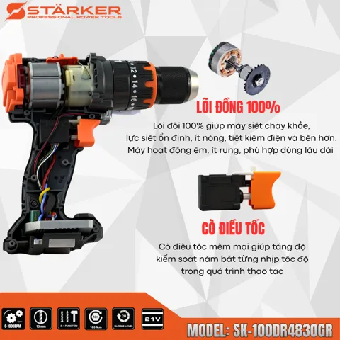 Máy Khoan Pin 21V Brushless, Mũi 13mm, Lực Siết 100N·m - ảnh 4
