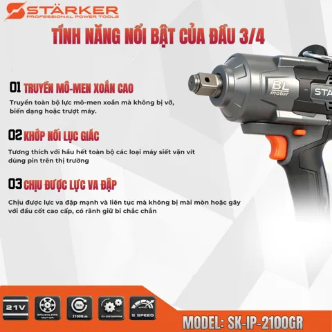 Máy Siết Bulong Pin 21V, Lực Siết 2100N·m, 5 Cấp Tốc Độ, Đầu 3/4 Inch - ảnh 7