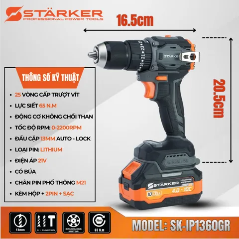 Máy Khoan Pin 21V Brushless, Mũi 13mm, Có Búa, Màu Cam - ảnh 7