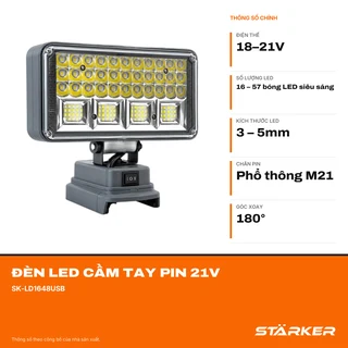 Đèn LED Cầm Tay Pin 21V, 16-57 Bóng Siêu Sáng, Công Suất 48W-230W, Xoay 180°, Chân Pin M21, Có Cổng USB - ảnh 2