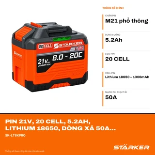 Pin 21V, 20 Cell, 5.2Ah, Lithium 18650, Dòng Xả 50A, Chân M21 Phổ Thông - ảnh 2