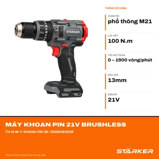 Máy Khoan Pin 21V Brushless, Mũi 13mm, Lực Siết 100N·m, Màu Xám Đỏ - ảnh 2