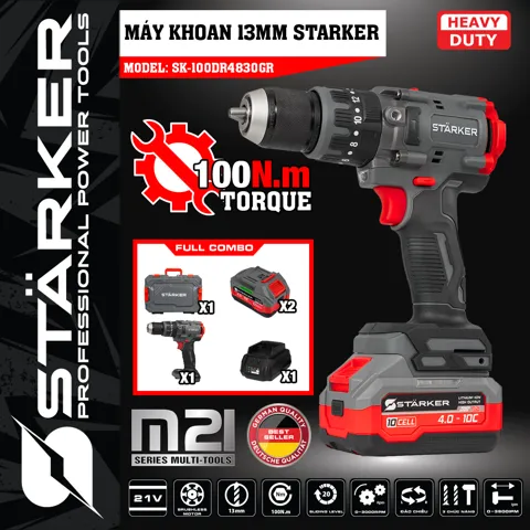 Máy Khoan Pin 21V Brushless, Mũi 13mm, Lực Siết 100N·m, Màu Xám Đỏ - ảnh 8