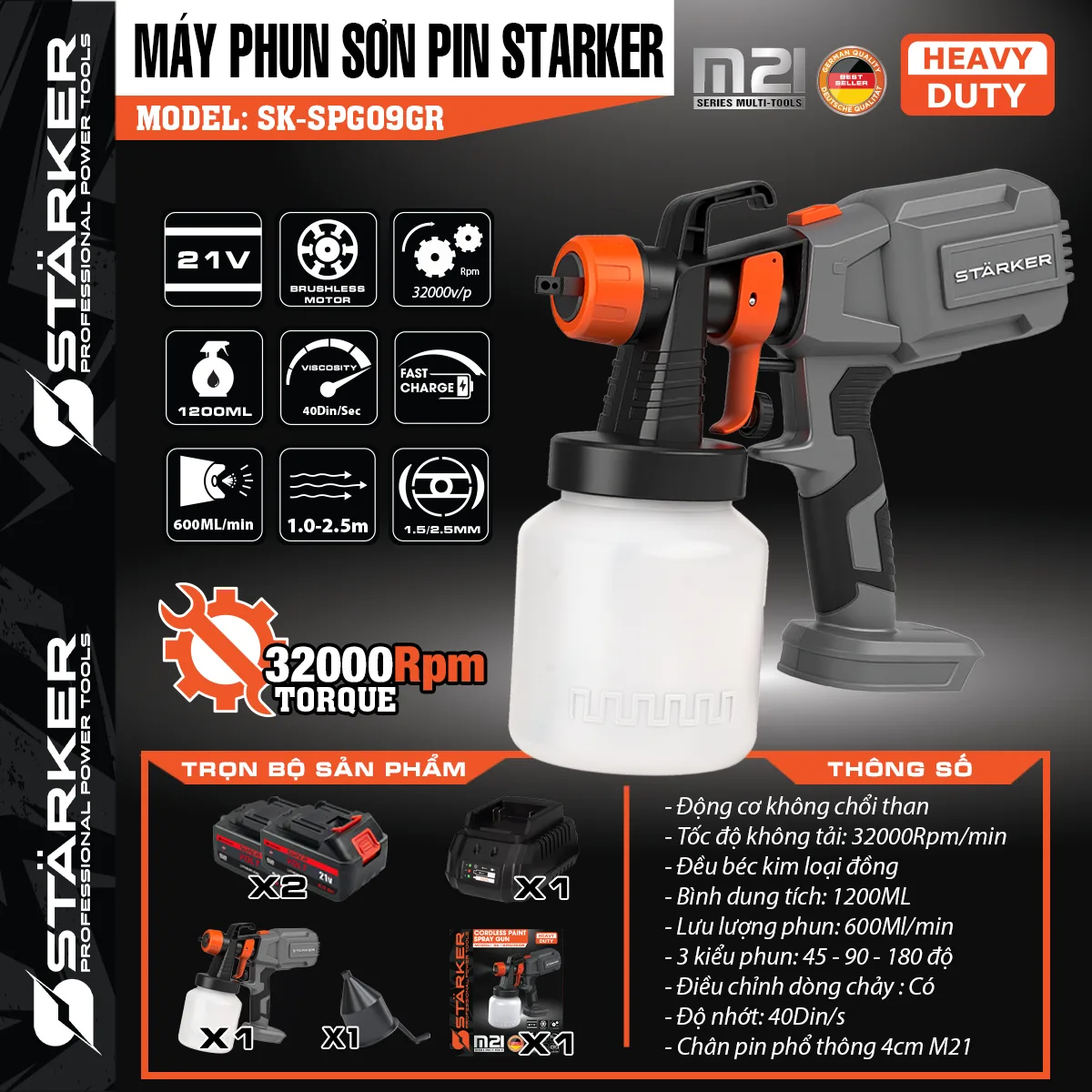 [STARKER] Thân Máy Phun Sơn Pin 20V – Công Suất Mạnh, Thiết Kế Nhỏ Gọn, Phun Đều Mịn, Tiết Kiệm Thời Gian