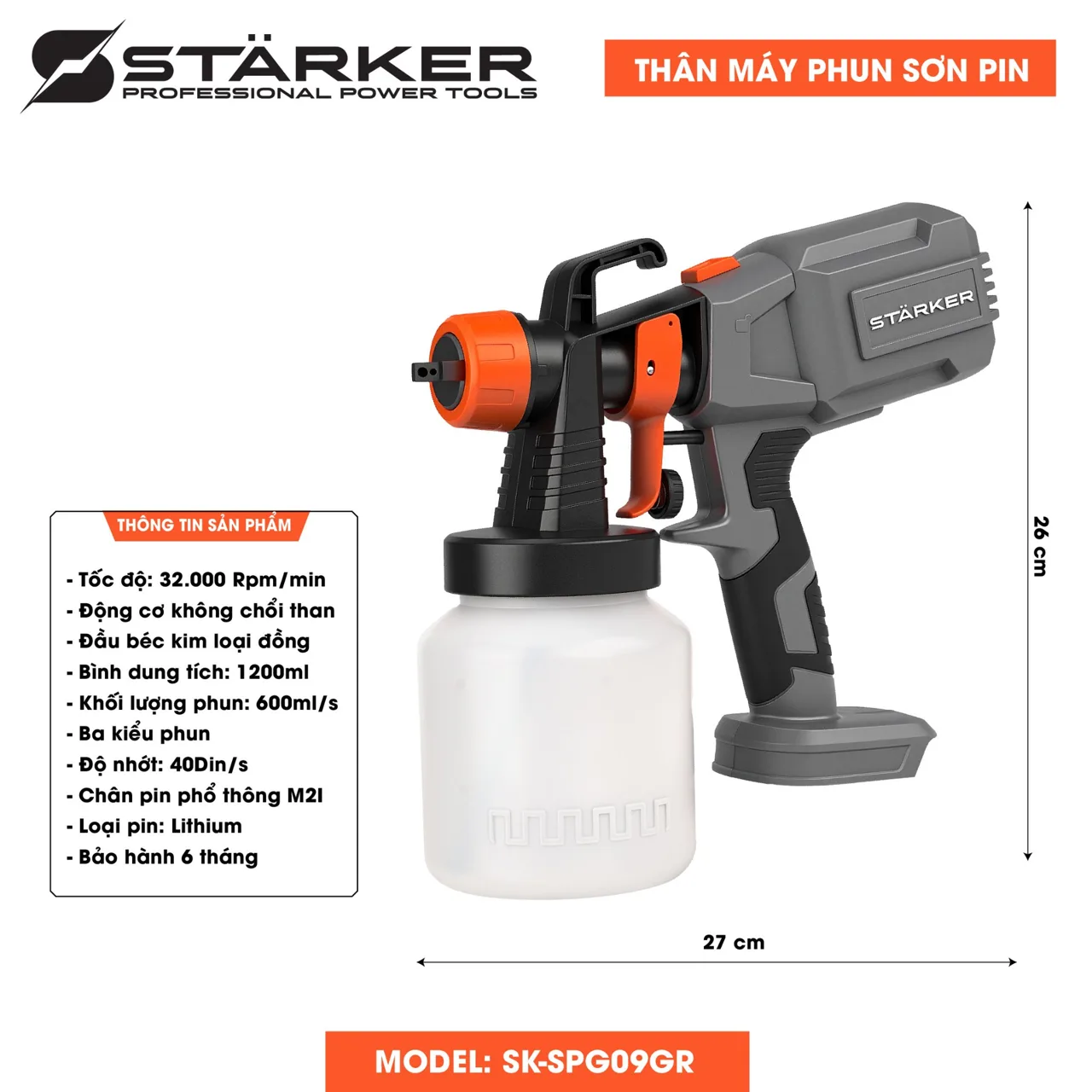 [STARKER] Thân Máy Phun Sơn Pin 20V – Công Suất Mạnh, Thiết Kế Nhỏ Gọn, Phun Đều Mịn, Tiết Kiệm Thời Gian