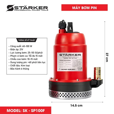 Máy Bơm Nước Chìm Pin 21V, Công Suất 120W, Bơm Cao 15m - ảnh 4