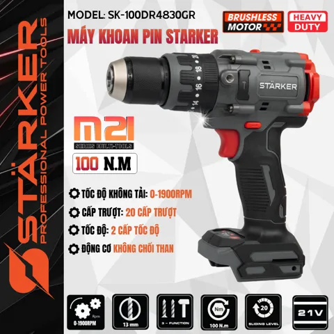 Máy Khoan Pin 21V Brushless, Mũi 13mm, Lực Siết 100N·m, Màu Xám Đỏ - ảnh 11