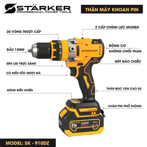 Bộ Máy Khoan Pin 13mm Brushless, Lực Siết 90N·m, Chân Pin M21 - ảnh 4