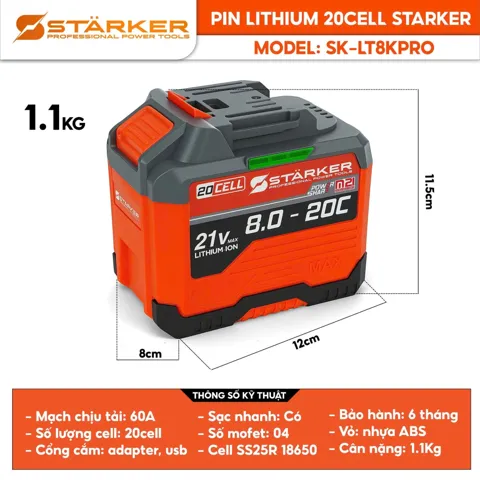Pin 21V, 20 Cell, 5.2Ah, Lithium 18650, Dòng Xả 50A, Chân M21 Phổ Thông - ảnh 7